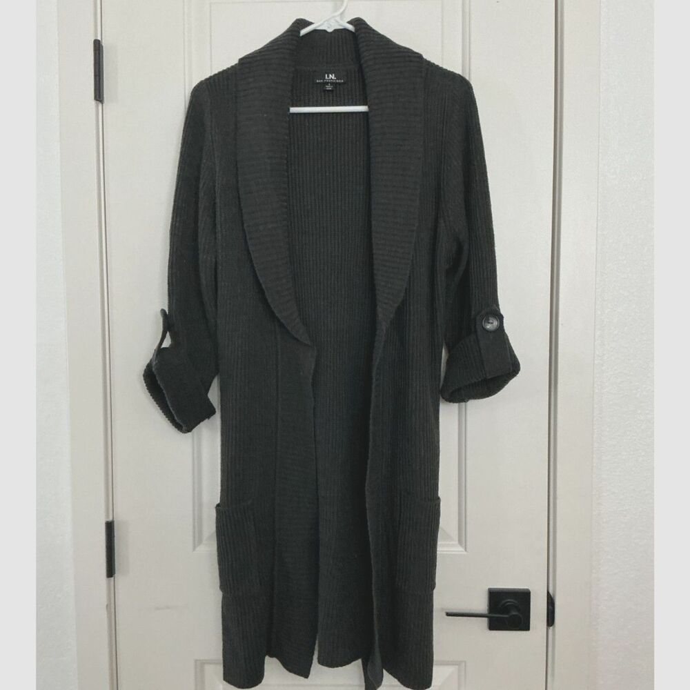 I.N. San Francisco Women’s L Charcoal Belted Sweater Duster Long Cardigan